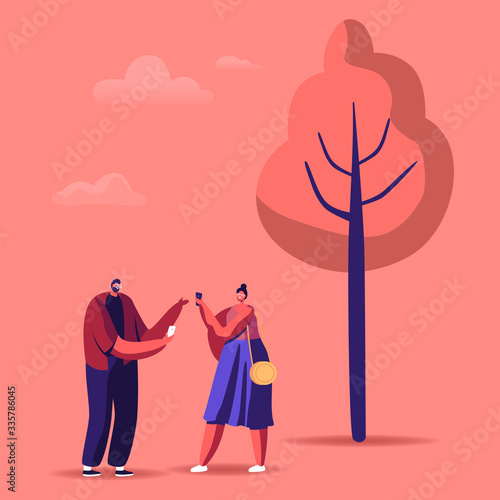 Male and Female Characters Holding Smartphones Communicating on Street. Addiction to Social Network and Telephone Technology, Low Battery Indication, People with Mobiles. Cartoon Vector Illustration