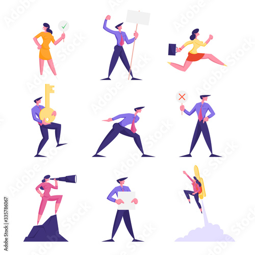 Set of Business People with Banner in Hand  Flying with Rocket  Stand on Mountain Peak Look through Spyglass. Male and Female Characters Carry Huge Gold Key  Run at Work. Cartoon Vector Illustration