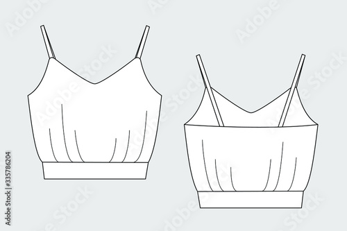 Female tank top vector template isolated on a grey background. Front and back view. Outline fashion technical sketch of clothes model.