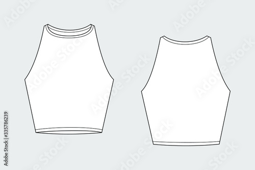 Female crop top vector template isolated on a grey background. Front and back view. Outline fashion technical sketch of clothes model.