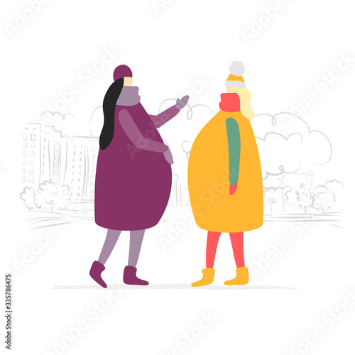 Pregnant Women Talking on the city street. Winter Season. Happy pregnancy