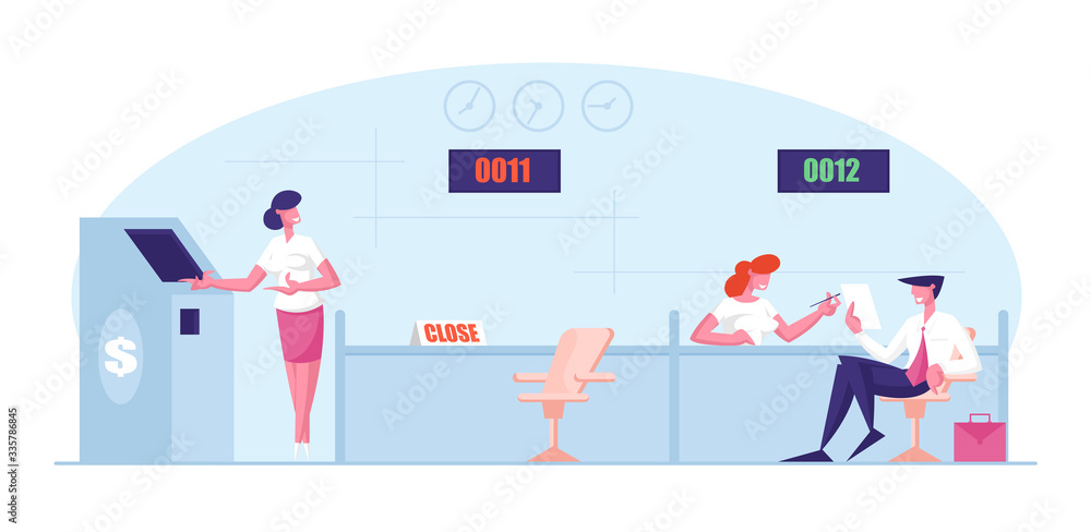 Male Client Character Sitting and Talking to Manager or Analysts of Credit Department. Bank Worker Providing Service to Customer. Operator Invite to Use Atm Machine. Cartoon People Vector Illustration