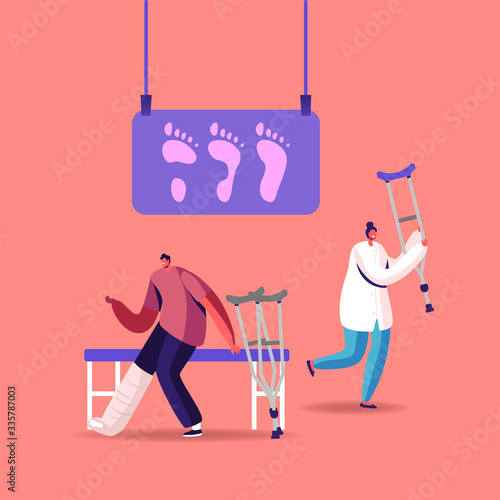 Invalid Handicapped Man Character with Leg Fracture Stand on Crutches Visit Orthopedy or Podiatry Clinic or Hospital Communicate with Doctor Orthopedist, Healthcare. Cartoon People Vector Illustration