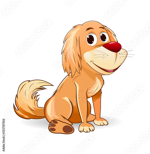 Cute cartoon dog on a white background. Sitting dog. Brown mongrel on a white background. Dog with a red nose