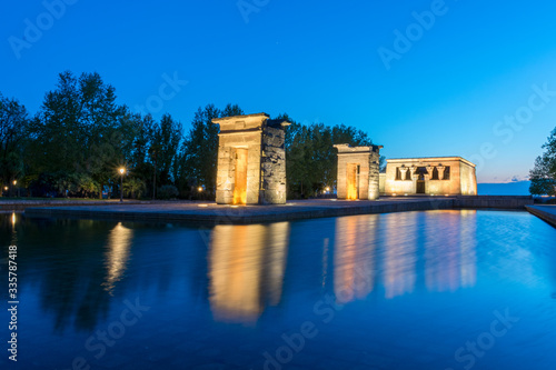 Beautiful sunset at the Temple of Debod, Madrid, Spain. No people. Concept of tourism and travel.