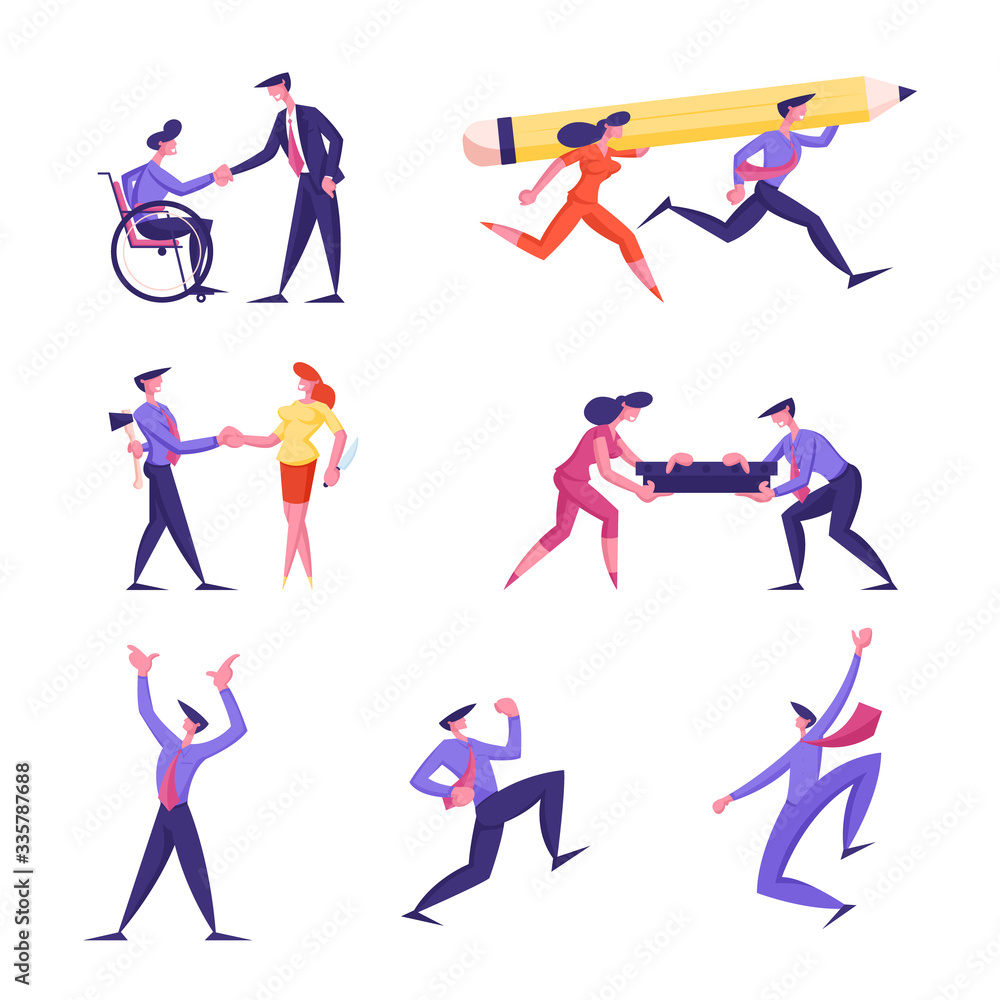 Set of Business People Hiring Disabled Man at Work, Carry Huge Pencil, Prepare Betrayal. Male and Female Character Building Bridge, Express Enjoyment and Celebrate Victory. Cartoon Vector Illustration