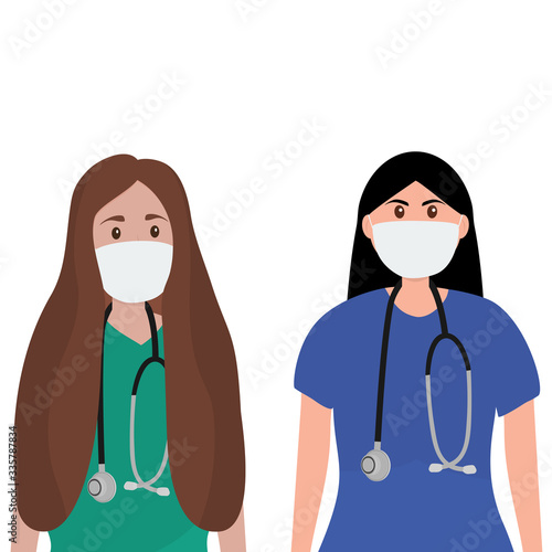 Young female doctor with stethoscope in a hospital. Cartoon flat, vector illustration