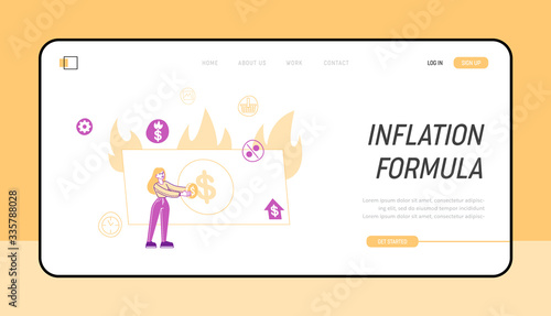 Inflation, Price Rising and Stock Market Recession Landing Page Template. Female Character with Coin in Hand at Huge Burning Paper Money Bill. Economics Crisis, Lost Profit. Linear Vector Illustration