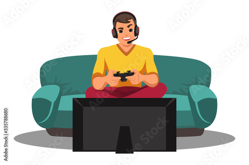 Gamer playing video game front of tv on white