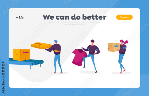 Donation Charity and Support to Beggars Landing Page Template. Volunteers Help Homeless Poor Unemployed Living on Street Collecting Clothes to Box. Characters Care about People. Vector Illustration