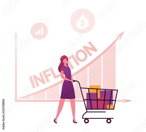 Inflation, Recession and Depreciation Concept. Female Customer Character with Shopping Trolley Looking at Rising Price Arrow Chart. Financial Crisis, Corporate Sale Drop. Cartoon Vector Illustration