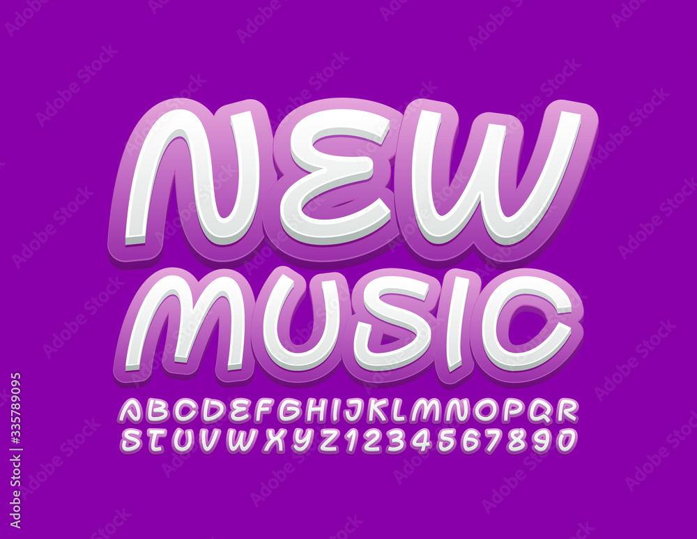 Vector bright label New Music. Violet and White Alphabet Letters and Numbers. Creative trendy Font