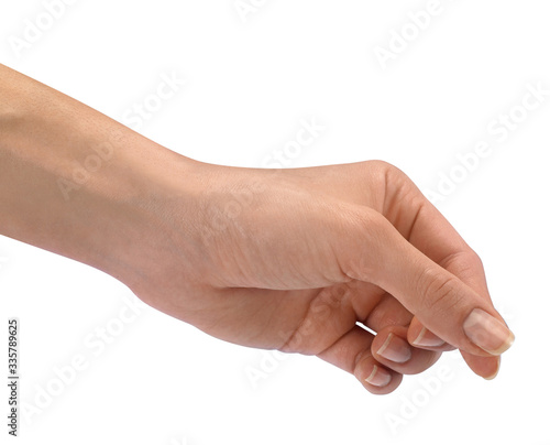 Hand model makes the gesture of holding something, isolated on white background