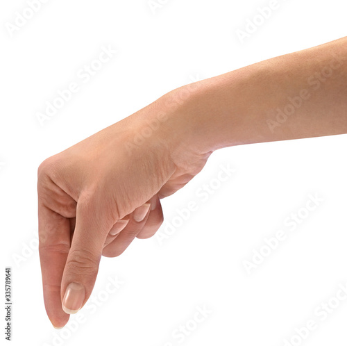hand model makes hold gesture, isolated on white background