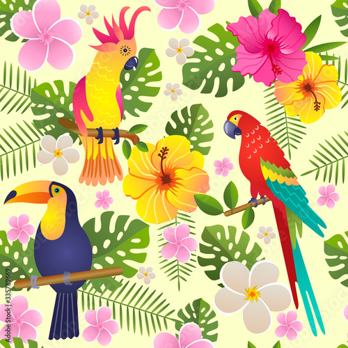 toucan and parrot sits on a flowering branch vector illustration seamless pattern