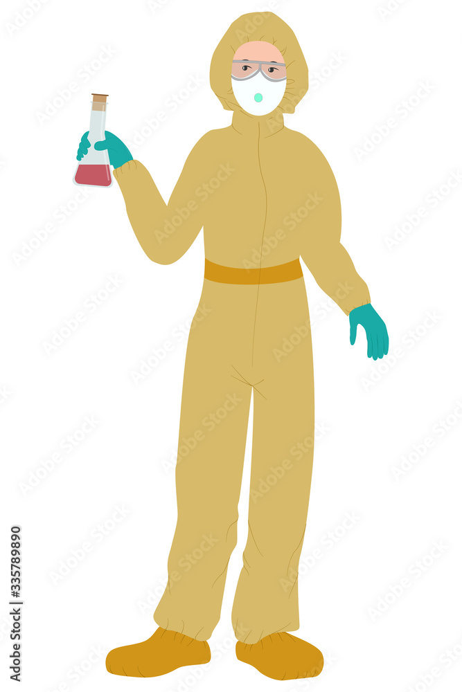 A doctor in a protective suit holds a test tube with blood. A specialist in a medical laboratory does an analysis. Special clothing against viruses and bacteria. Anti-epidemic kit for doctors.