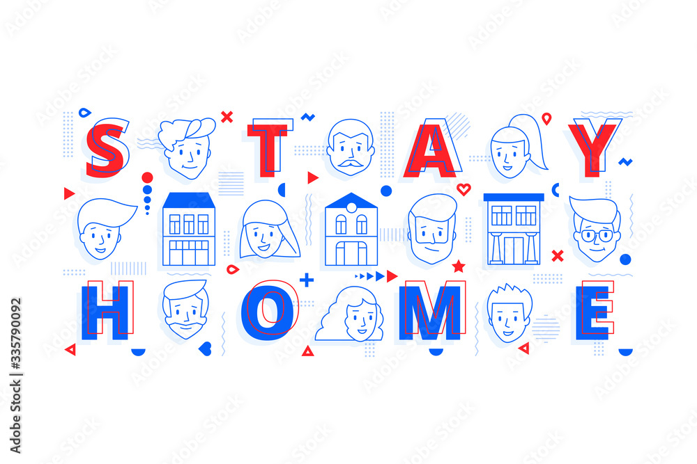 Stay home vector banner with houses and characters