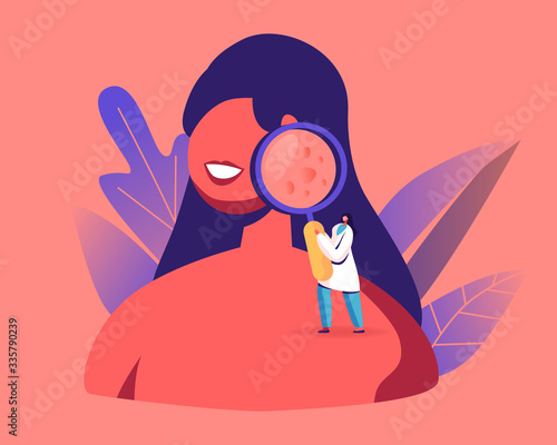 Tiny Doctor Dermatologist Character Looking on Girls Face with Acne Inflammation, Facial Skin Disease. Dermatology and Cosmetology Medicine, Treatment, Health Care. Cartoon People Vector Illustration