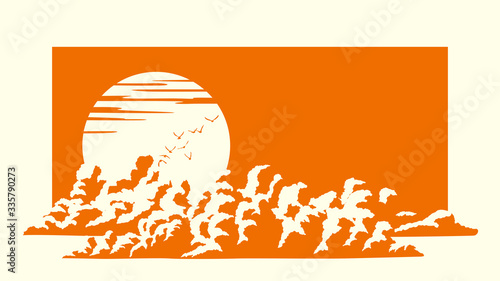 Simple monochrome card with sunset illustration, sun setting behind clouds with birds (place for text).
