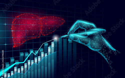 Medical symbol liver growing trend. Doctor online concept. Medical drug treatment. Web healthcare diagnosis drugstore network banner. Delivery market background low poly vector