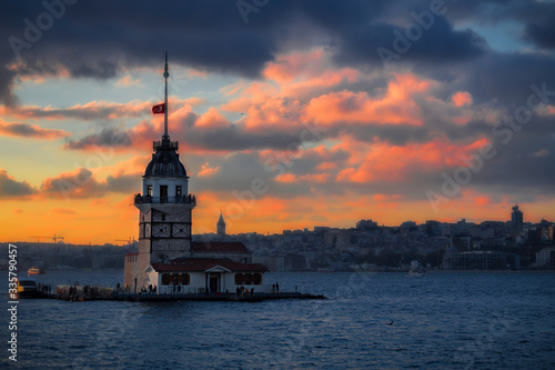 Maiden Tower, one of the historical places of Istanbul. Sunset photo.