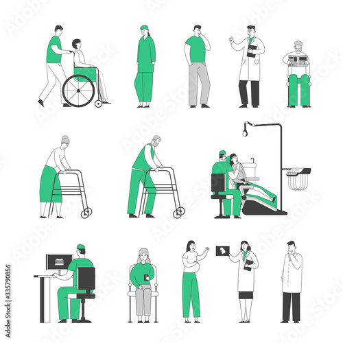 Set of Doctors and Patients Isolated on White Background. Male Female Characters Hospital Visitors and Staff. Disability, Pregnant Woman Medical Check Up, Dentistry. Linear People Vector Illustration