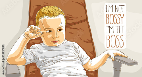 Cute little boy kid sitting in office chair self confident like bog boss vector illustration, funny businessman bossy child, director and powerful leader humorous concept.