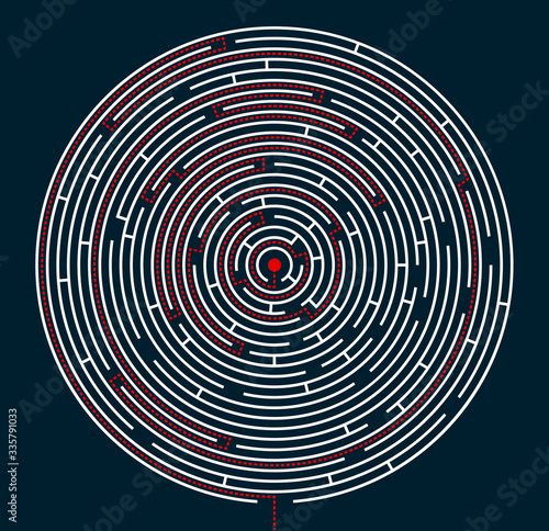 Radial labyrinth maze vector design, children game to play, find way out.