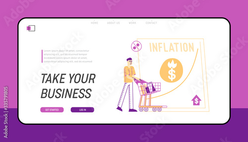 Inflation, Recession and Depreciation Landing Page Template. Depressed Man Customer Character with Shopping Trolley Look at Rising Price Arrow. Financial Crisis, Sale Drop. Linear Vector Illustration