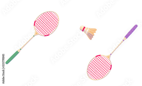Badminton shuttlecock and rackets for horizontal banner. Tennis Professional sport equipment isolated on white background. Abstract competition illustration. Copy space. Vector clip art