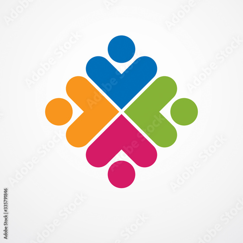 Teamwork businessman unity and cooperation concept created with simple geometric elements as a people crew. Vector icon or logo. Friendship dream team, united crew colorful design.
