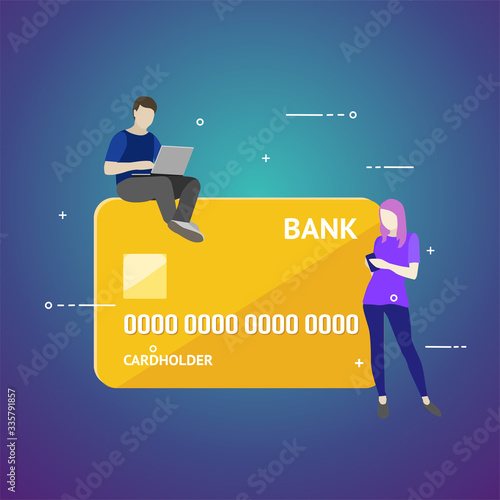 Flat vector illustration of mobile banking concept. Using a smartphone for operations with bank cards and accounts.