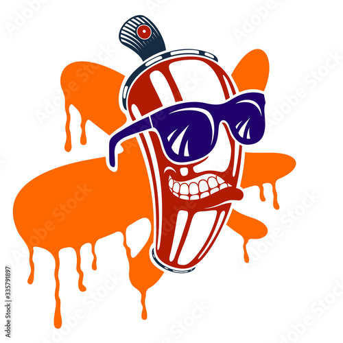 Graffiti paint spray can cartoon character, vector illustration, urban teen culture theme.