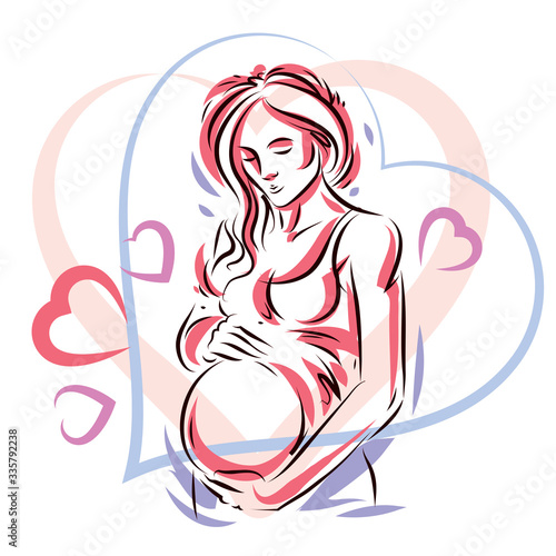 Beautiful pregnant female body silhouette surrounded by heart shape frame. Mother-to-be drawn vector illustration. Happiness and caring theme.