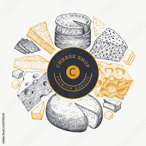 Cheese design template. Hand drawn vector dairy illustration. Engraved style different cheese kinds banner. Vintage food background.