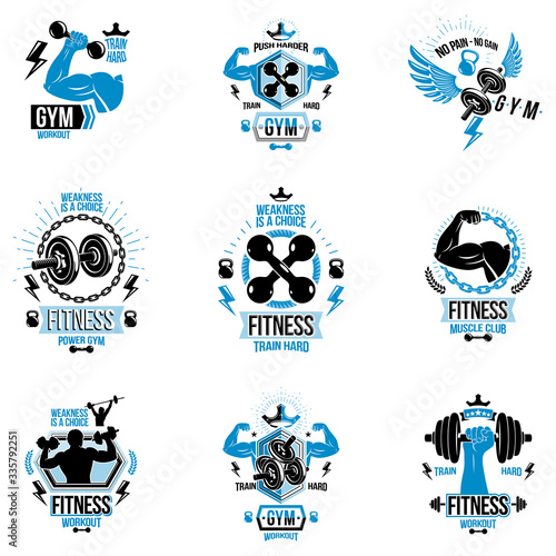 Vector fitness workout theme logotypes and inspiring posters collection created with dumbbells  barbells  disc weights sport equipment and muscular sportsman body silhouettes.