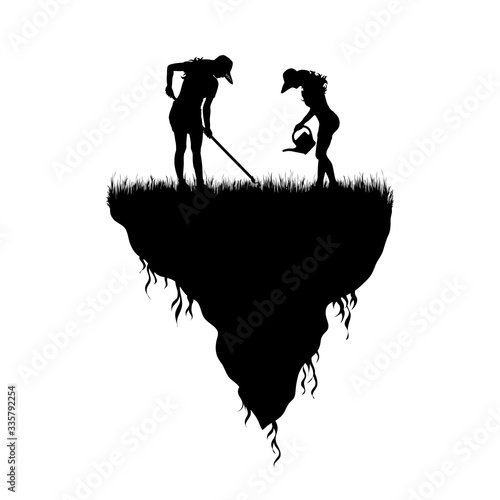 Vector silhouette of piece of land with couple of gardener on white background. Symbol of people and planet.