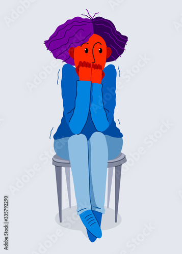 Scared young woman feeling uncomfortable vector illustration, phobia paranoia anxiety or other psychical and psychological problems concept, bad emotions.