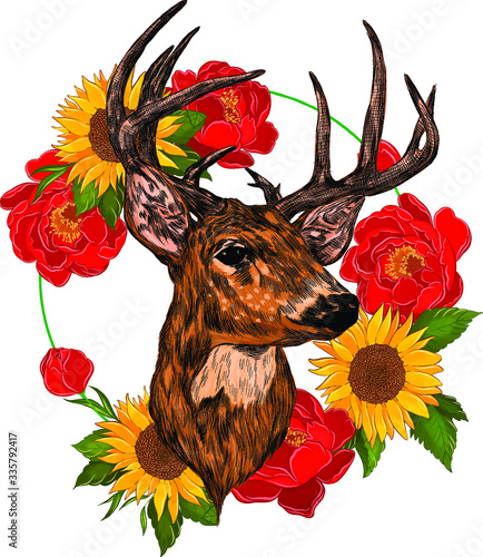 deer head with big horns brown and roses sunflowers red yellow flowers wreath frame vector illustration print