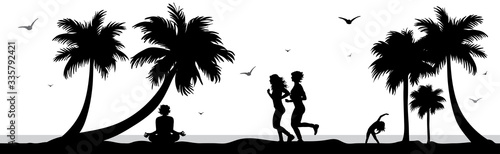 Vector silhouette of women running on palm beach on white background. Symbol of nature and sport.