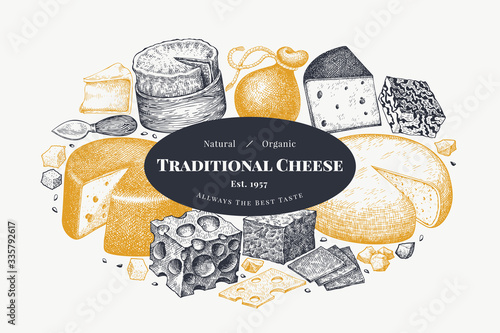 Cheese design template. Hand drawn vector dairy illustration. Engraved style different cheese kinds banner. Vintage food background.