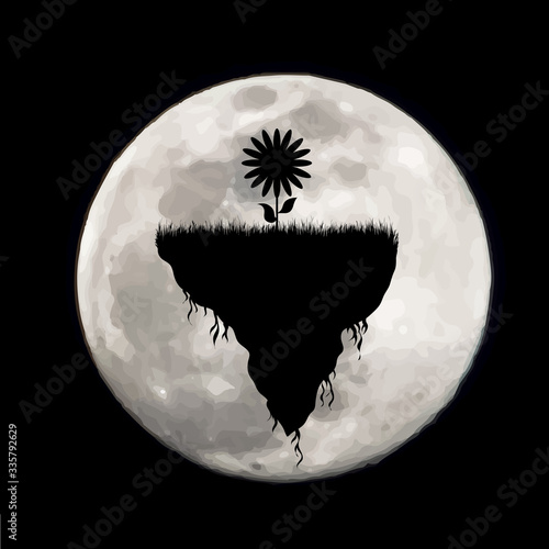 Vector silhouette of piece of land with flower on moon background. Symbol of night.