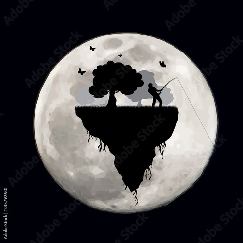 Vector silhouette of piece of land with fishing man and flying butterflies on moon background. Symbol of night.