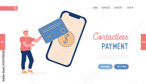 Noncontact Payment Landing Page Template. Man Buyer Character Hold Huge Credit Card Stand near Smartphone in Supermarket. Purchases in Internet with Mobile Phone Paying. Cartoon Vector Illustration