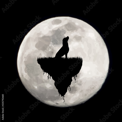 Vector silhouette of piece of land with dog on moon background. Symbol of night.
