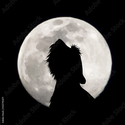Vector silhouette of dog on moon background. Symbol of night.