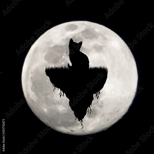 Vector silhouette of piece of land with cat on moon background. Symbol of night.