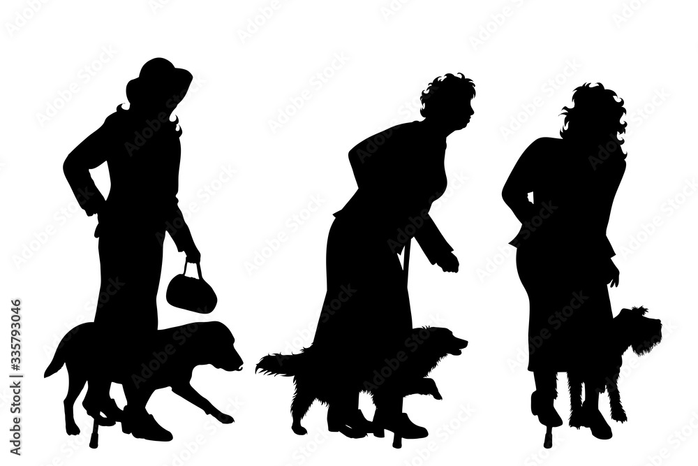 Collection of vector silhouette of old people with dog on white background. Symbol of animal.
