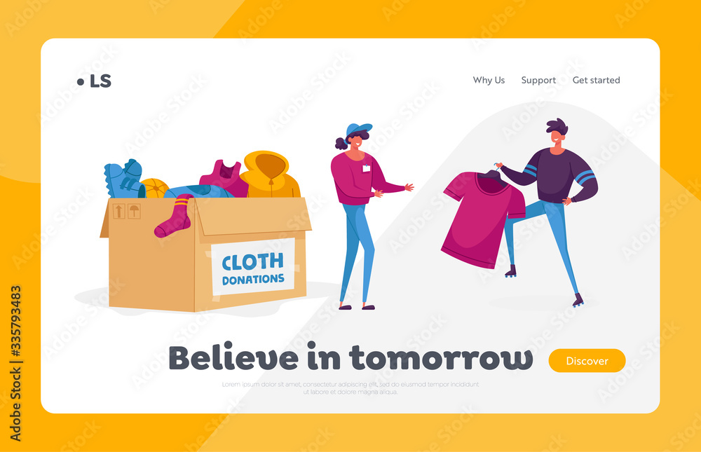 Young Man and Woman Characters Teamwork.Landing Page Template. Volunteers Collecting Clothes to Box for Donation to Poor Homeless People in Complicated Life Situation. Cartoon Vector Illustration