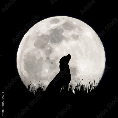 Vector silhouette of dog with moon background. Symbol of night.